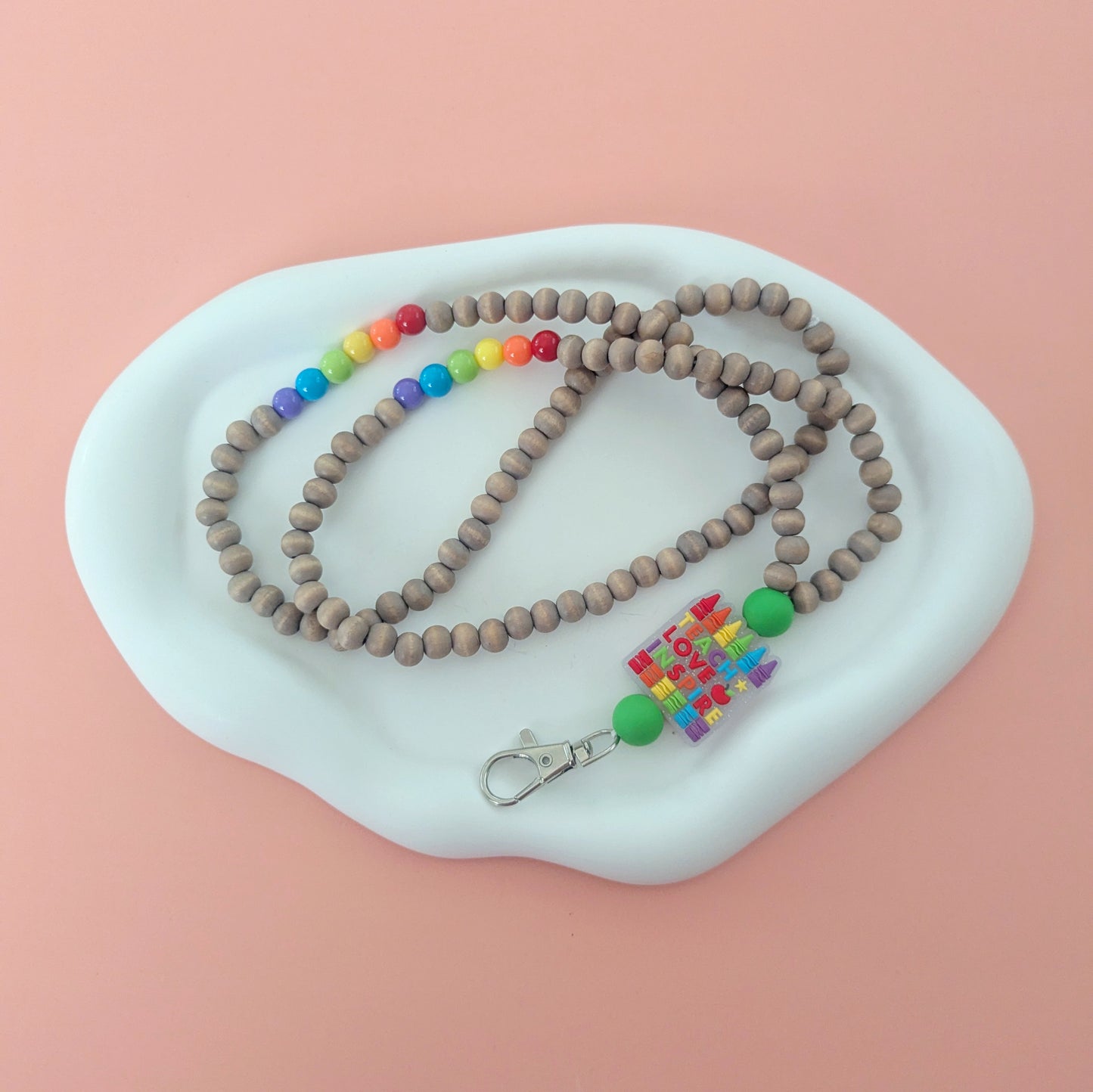 Wood and Rainbow Teach, Love, Inspire Lanyard