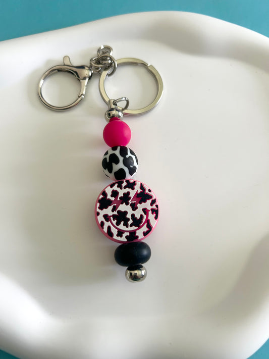 Cow Print Smiley Keychain