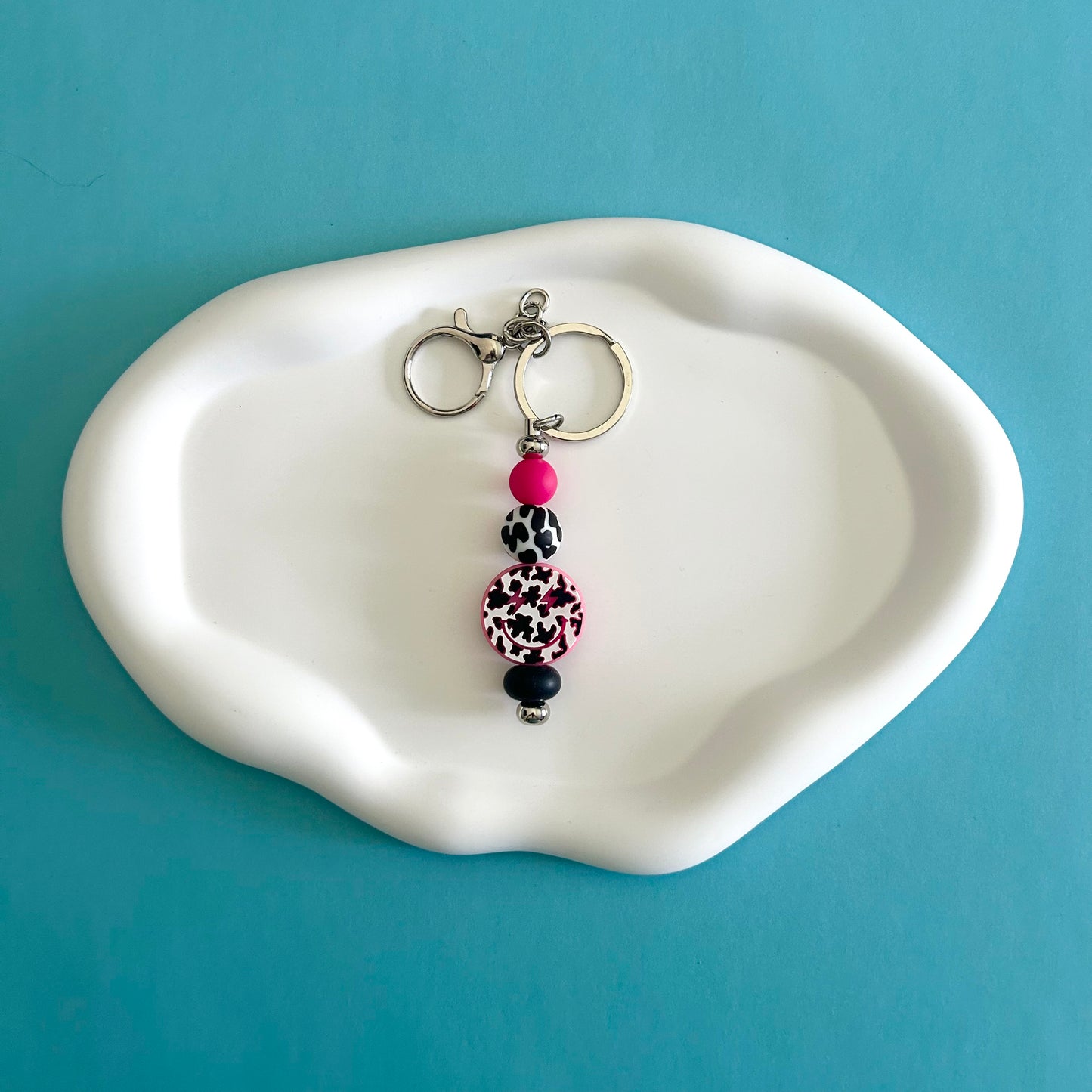 Cow Print Smiley Keychain