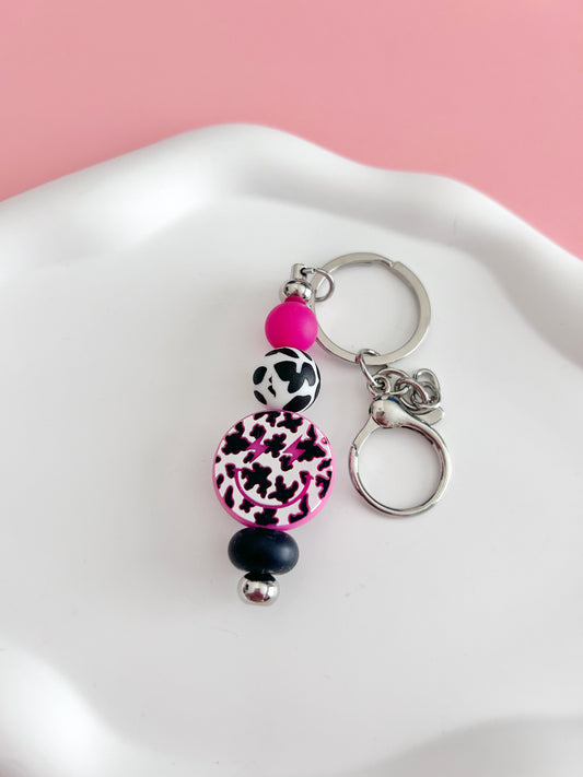 Cow Print Smiley Keychain