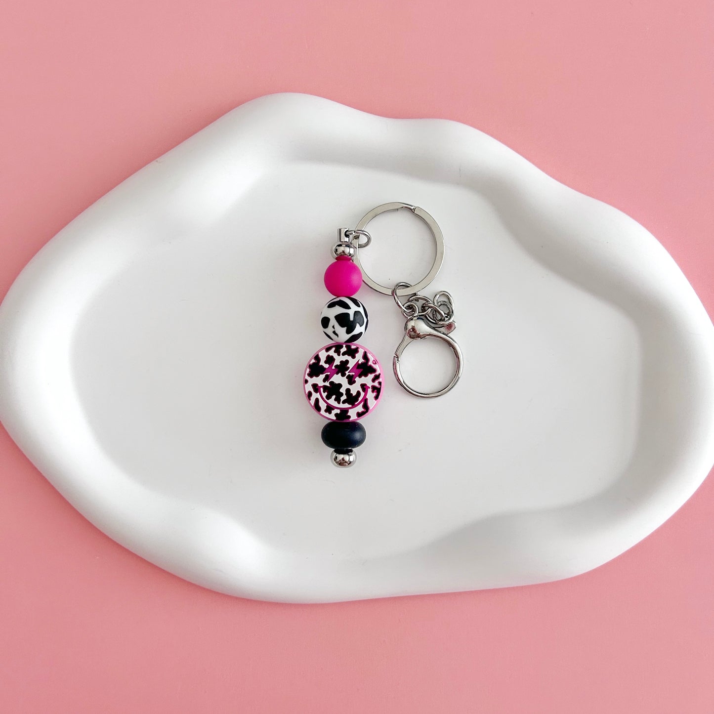 Cow Print Smiley Keychain
