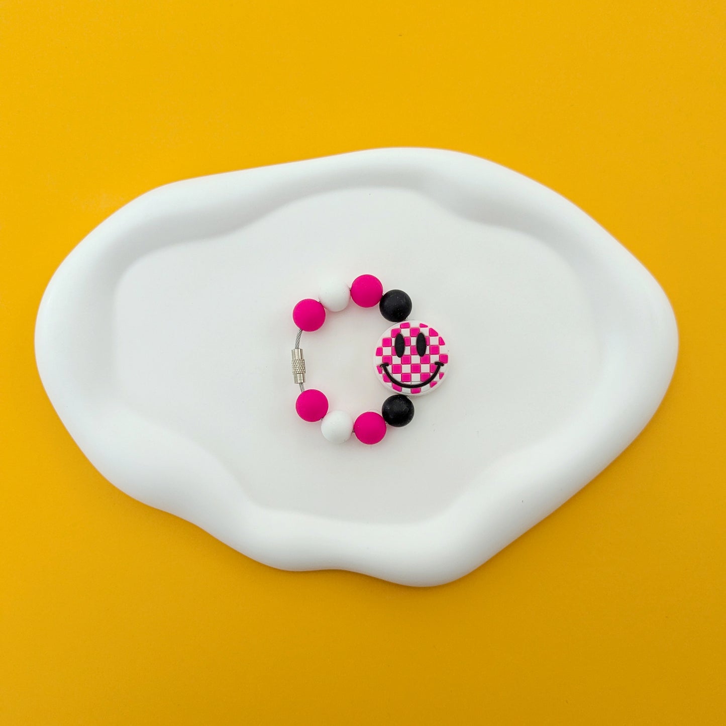 Hot Pink Checkered Happy Face Cup Handle Charm