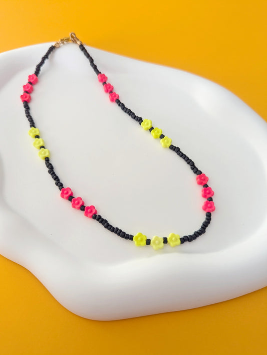 Neon Yellow and Pink Flower Choker