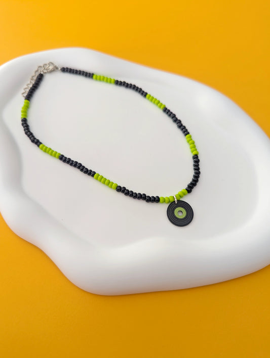 Neon Green and Black Choker with Vinyl Record Charm
