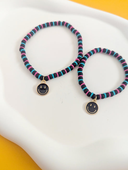 Black, Pink and Teal Happy Face Charm Mama and Mini Bracelets
