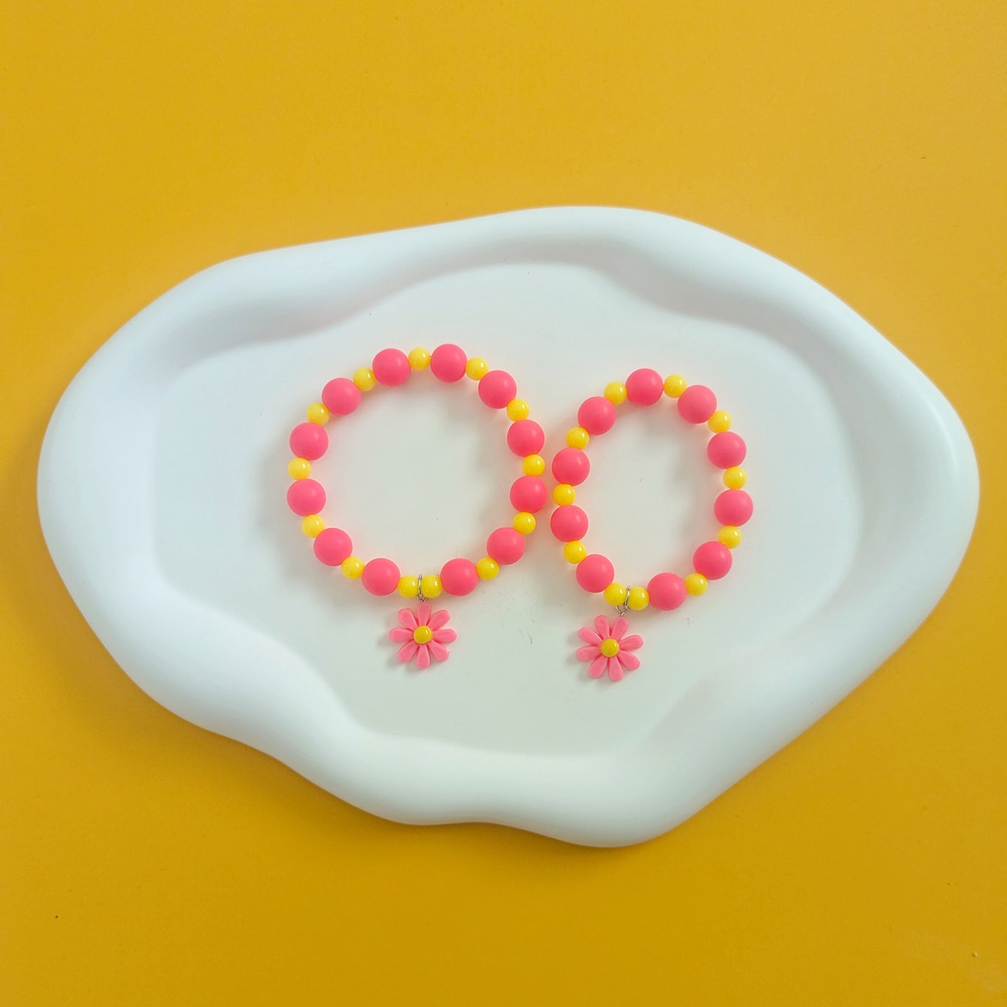 Pink and Yellow Daisy Charm Mama and Mini Bracelets