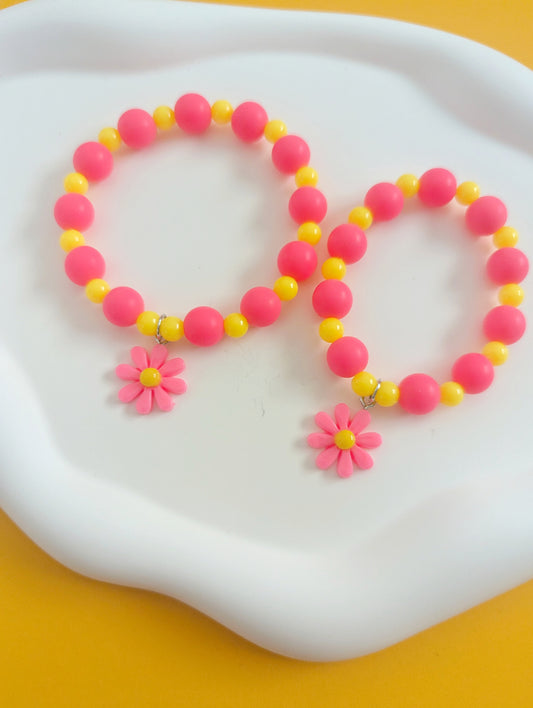Pink and Yellow Daisy Charm Mama and Mini Bracelets