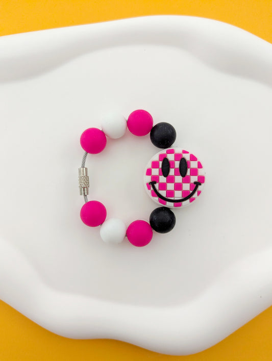 Hot Pink Checkered Happy Face Cup Handle Charm