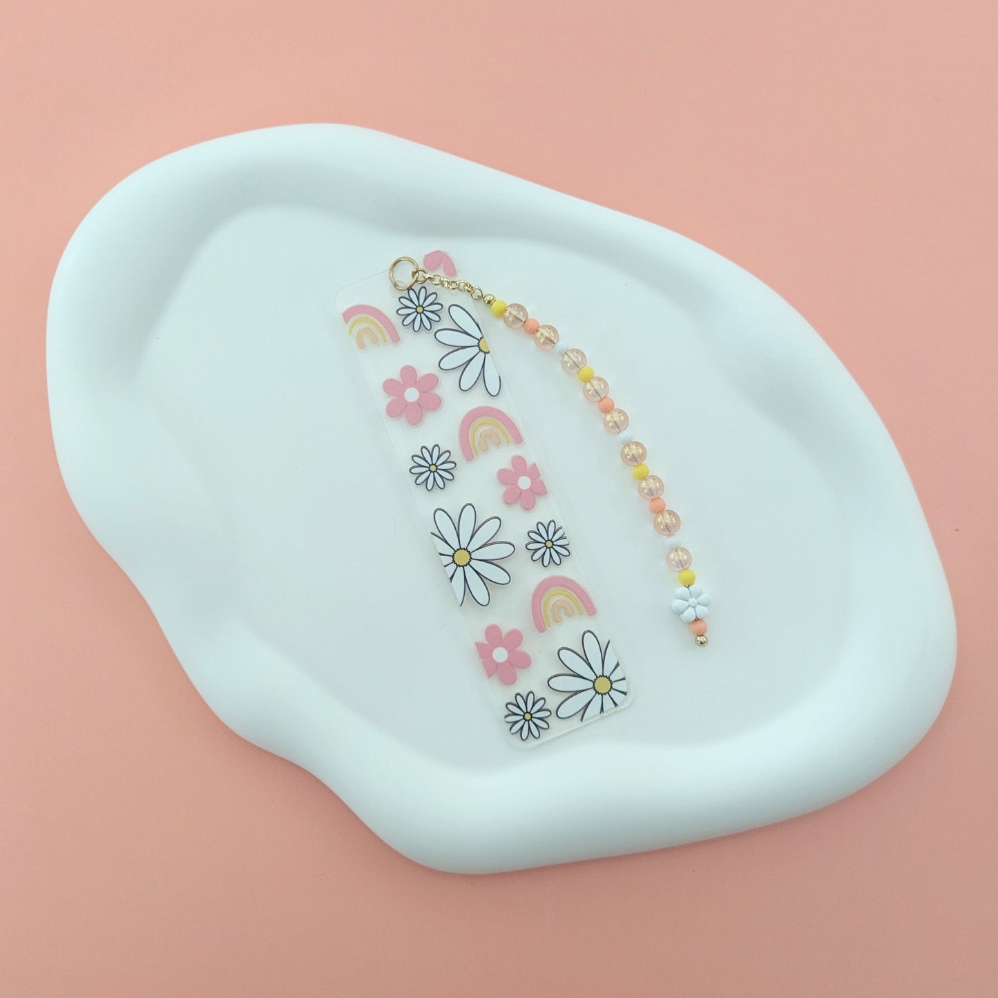 White Daisy and Pastel Rainbow Bookmark