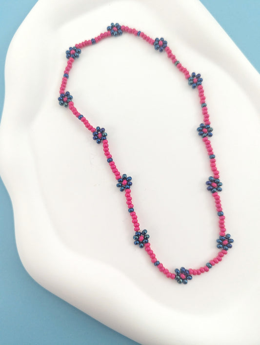 Hot Pink and Metallic Blue Daisy Choker