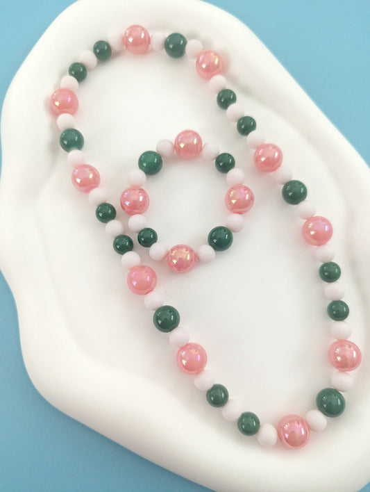 Pink and Green Necklace and Bracelet Set