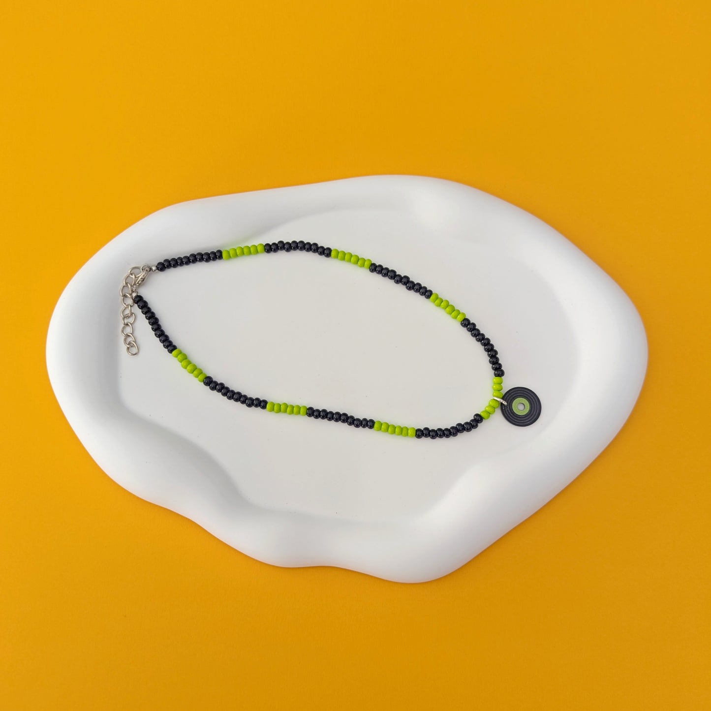 Neon Green and Black Choker with Vinyl Record Charm