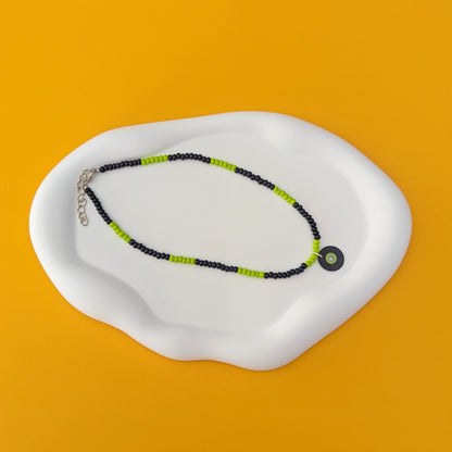 Neon Green and Black Choker with Vinyl Record Charm
